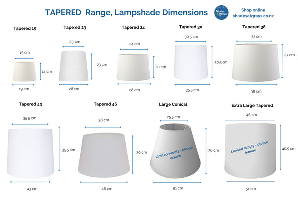 9 sizes with their dimensions of tapered lampshades available to buy