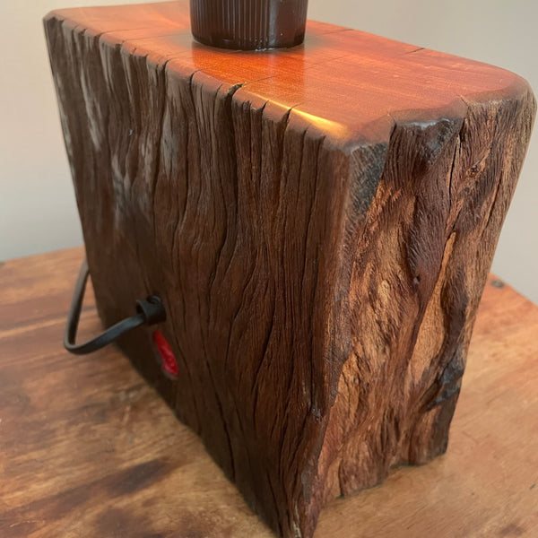 Wood table lamp made from upcycled wharf timber and replica edison bulb, back view, handcrafted by shades at grays.
