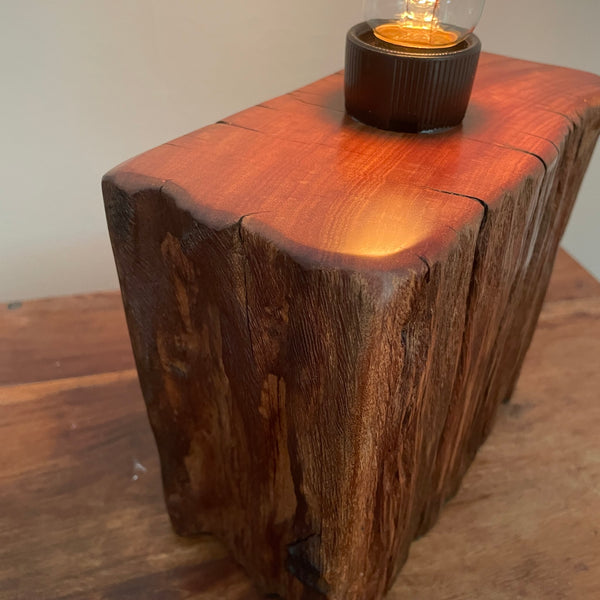 Wood table lamp made from upcycled wharf timber and replica edison bulb, close up of top, side and front view, handcrafted by shades at grays.