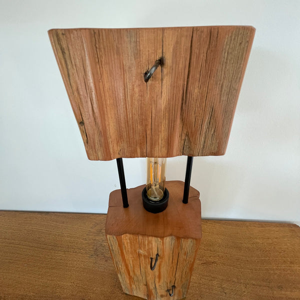 Wood table lamp made by shades at grays from 2 solid blocks of tōtara wood and metal tubes, close up of middle section and top, unlit.
