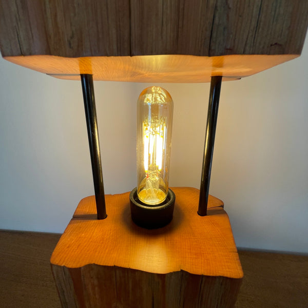 Wood table lamp made by shades at grays from 2 solid blocks of tōtara wood and metal tubes, close up of mid portion and bulb, lit.