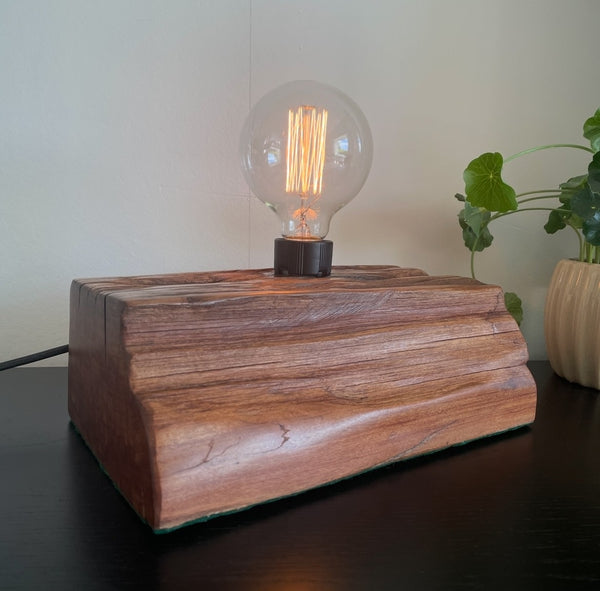 Wood table lamp upcycled from original 100 year old wharf timber, with addition of replica edison bulb, smooth front view and side, handcrafted by shades at grays