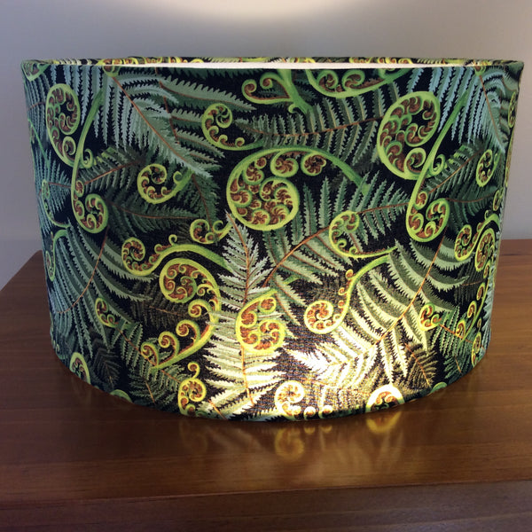 Barrel light shade, bespoke with green fern fabric.