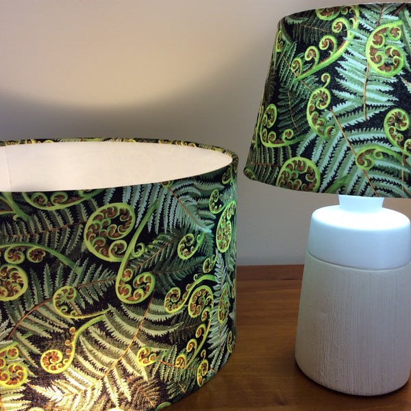 Small table lamp and medium barrel lampshade, handcrafted with green fern fabric, Shades at Grays.