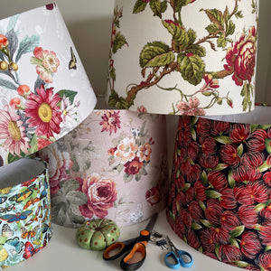 A range of hand crafted fabric lamp shades