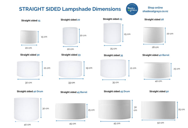 12 drum and barrel style lampshade sizes with dimensions for sale.
