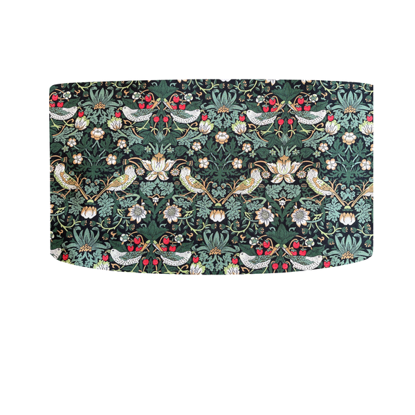 Large barrel lampshade handcrafted by shades at grays using william morris strawberry thief green fabric.