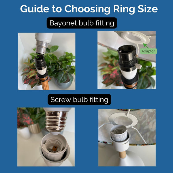 Guide to choosing ring size for bayonet and screw bulb fittings with images and text.