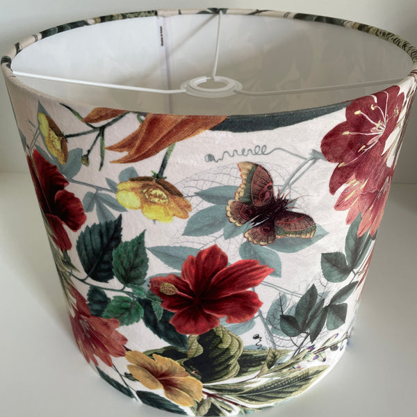 35 cm handmade drum lampshade by shades at grays using velvet bouquet fabric, ceiling pendant view, unlit.