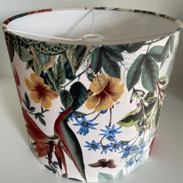 35 cm handmade drum lampshade by shades at grays using velvet bouquet fabric, ceiling pendant view from back.