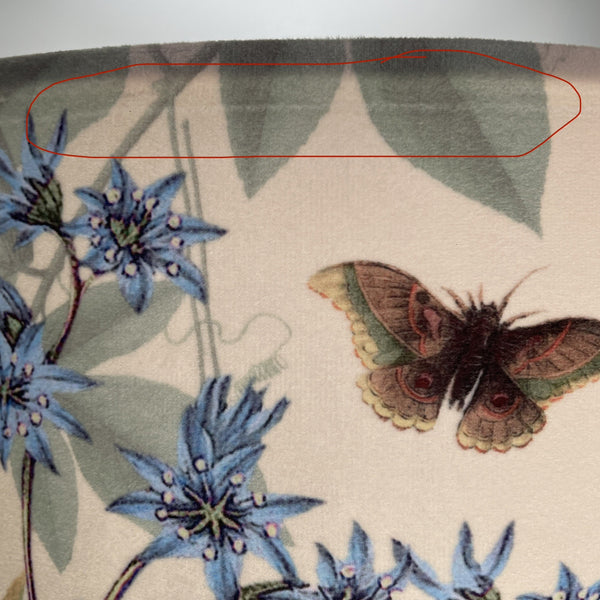 35 cm handmade drum lampshade by shades at grays using velvet bouquet fabric, close up of crush line in fabric.