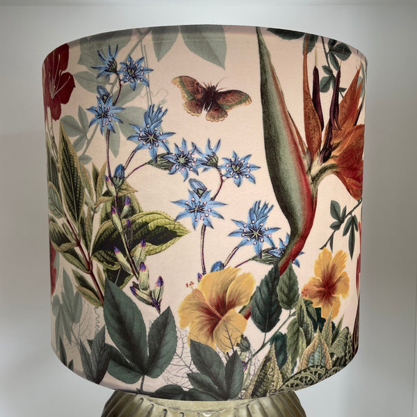 35 cm handmade drum lampshade by shades at grays using velvet bouquet fabric, lit.