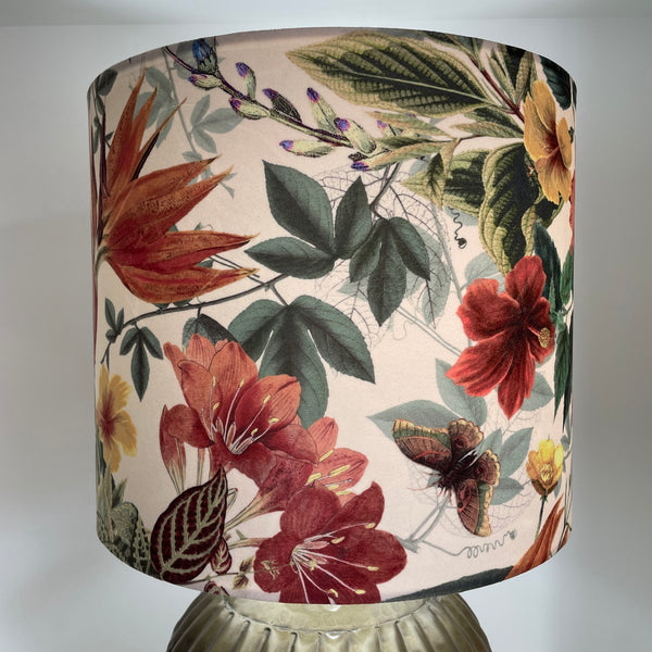 35 cm handmade drum lampshade by shades at grays using velvet bouquet fabric, side view, lit.