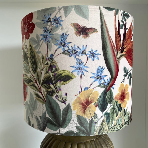 35 cm handmade drum lampshade by shades at grays using velvet bouquet fabric, unlit.