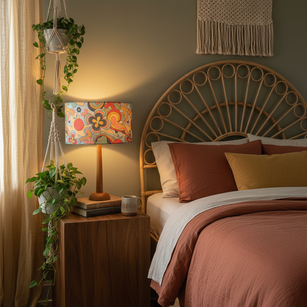 60s Swirl handcrafted lampshade in bedroom by shades at grays. 