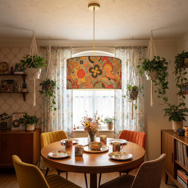 60s Swirl ceiling pendant handcrafted lampshade in dining Room by shades at grays.