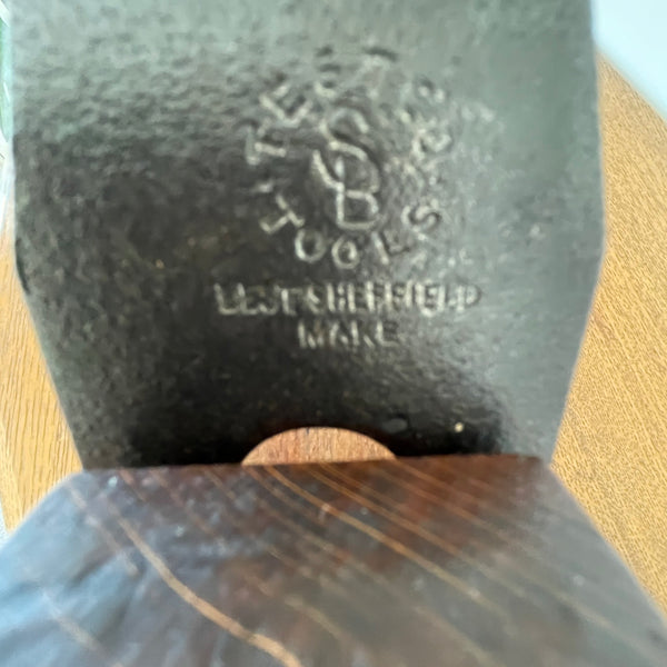 Authentic carpenter's plane upcycled into heritage lamp by Shades at Grays, close up of branded cutting blade.