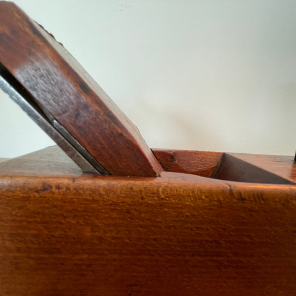 Vintage carpentry wood plane table lamp from Shades at Grays, close up of beech wood polished with natural bees wax. 