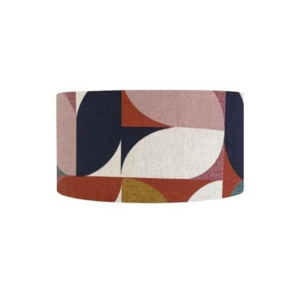 Barrel lampshade in bold and beautiful fabric based on geometric pattern, close up, handcrafted by shades at grays.