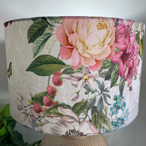 Spring hedgerow flowers on a grey and white background, fabric lampshade made by shades at grays