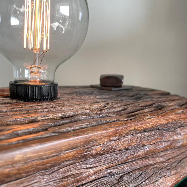 Beeswax polished wooden table lamp upcycled from wharf timber with replica edison bulb, crafted by shades at grays nz.