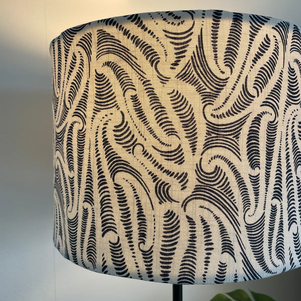Bespoke medium sized drum lampshade by shades at grays, nz with Aho Creative fabric, close up.