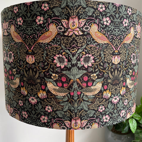 Bespoke fabric lamp shade made in nz by shades at grays, straight sided 40 size with William Morris Strawberry Thief Black fabric.