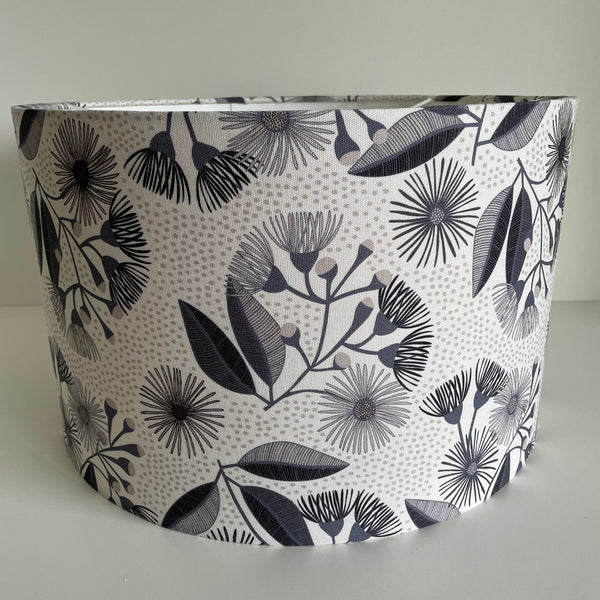 Bespoke lampshade by shades at grays with eucalyptus blossom fabric, unlit.