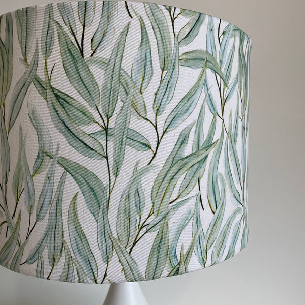 Drum lampshade with eucalyptus fabric, close up, handcrafted by shades at grays, nz