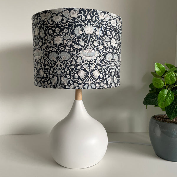 Bespoke drum light shade with William Morris Pure Lodden, Ink fabric, on white base, unlit by shades at grays nz