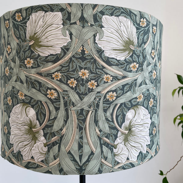 Bespoke medium size drum lamp shade with William Morris Pimpernel Olive fabric,close up by shades at grays nz.