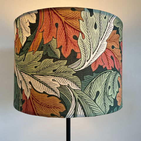 Bespoke medium drum  light shade, with Morris and Co Acanthus Autumn fabric, lit, by shades at grays nz