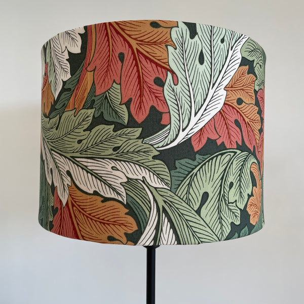 Bespoke medium drum  light shade, with Morris and Co Acanthus Autumn fabric, unlit, by shades at grays nz