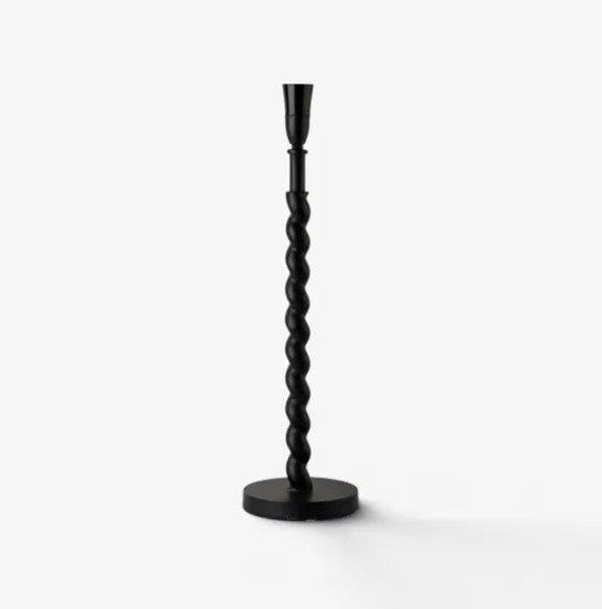 Black aluminium table lamp base with a twisted stem and round foot, without a lampshade