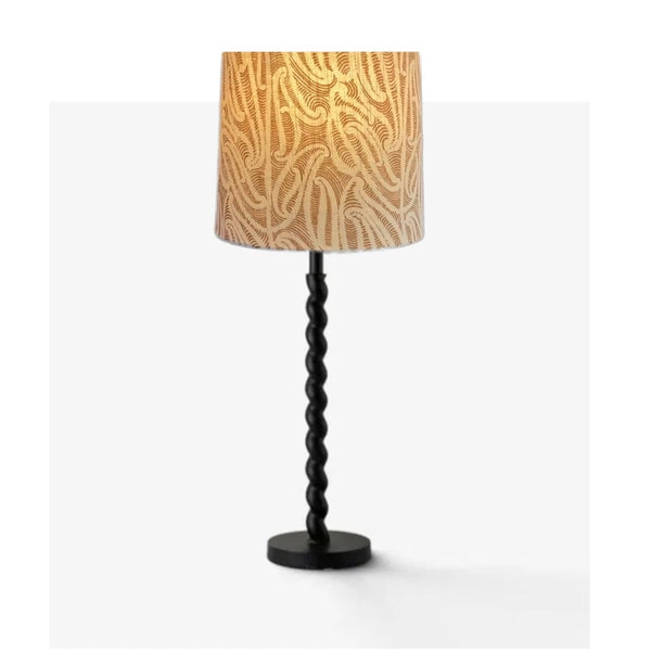 Black twist table lamp base styled with a handmade patterned tapered shade, 28 cm bottom diameter, 23 cm top diameter and 23 cm high, sold separately