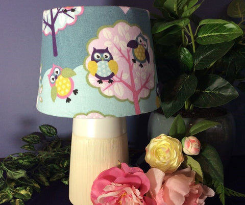 Childrens' table lamp with bespoke fabric lampshade in cute owl print by shades at grays.
