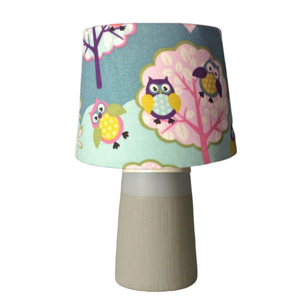 Childrens' table lamp with bespoke owl fabric lamp shade made by sahdes at grays