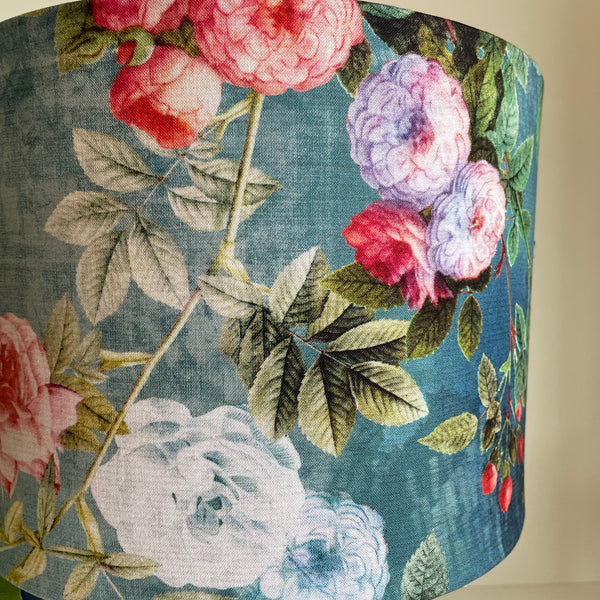 Close up, pink and white flowers on ocean blue background, handcrafted fabric medium drum lamps shade, made by Shades at Grays.