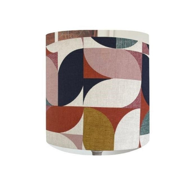 Cylinder lampshade in bold and beautiful fabric based on geometric pattern, close up, handcrafted by shades at grays.