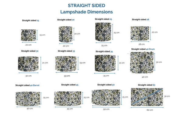 Dimension chart of range of straight-sided lampshades in Serenity Leaves fabric.