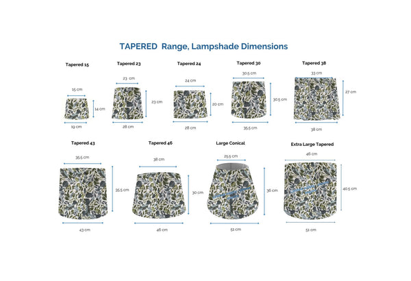 Dimension chart of range of tapered lampshades in Serenity Leaves fabric.