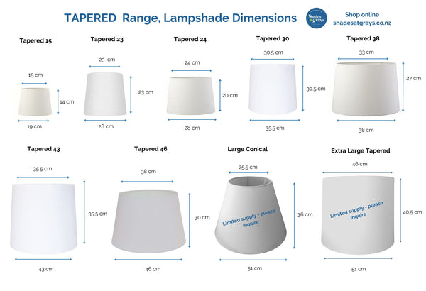 Lampshade dimensions for 9 sizes of  tapered lampshades.