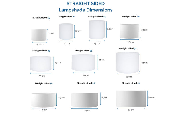 Range and dimensions of straight sided barrel and drum bespoke lamp shades, stocked by Shades at Grays