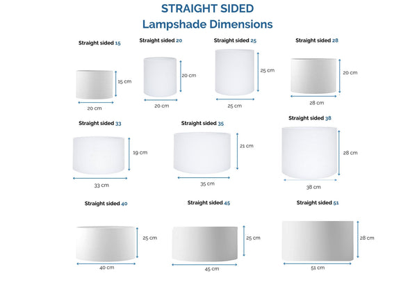 Range and dimensions of straight sided barrel and drum shaped lamp shades.