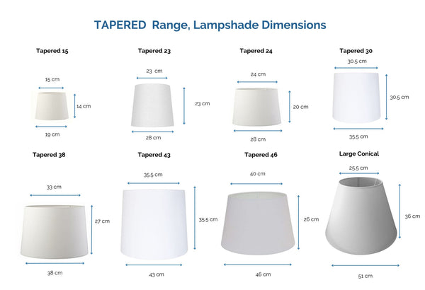 Range and dimensions of tapered shaped bespoke lampshades by Shades at Grays