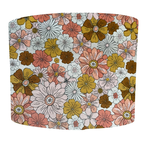 Drum lampshade handcrafted by shades at grays with boho floral garden fabric.