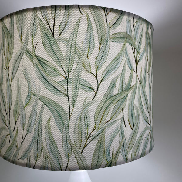 Drum lampshade with eucalyptus fabric by shades at grays, nz