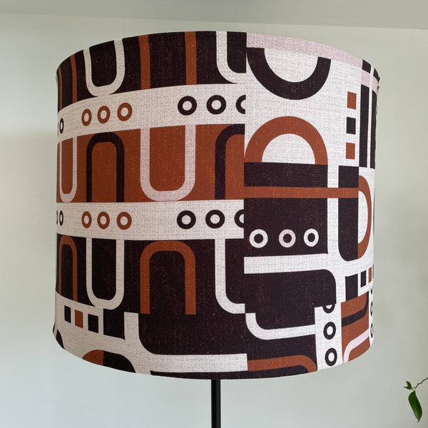Drum style lamp shade with geometric harmony tan, unlit by shades at grays, nz