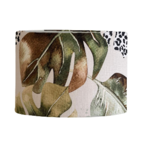 Drum style lampshade with jungle chic fabric, shades at grays, nz