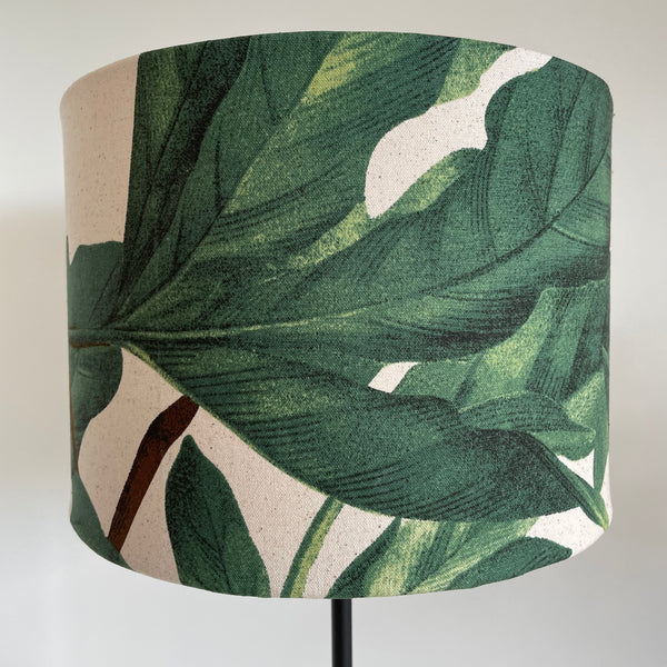 Bespoke drum style light shade with dusky fig leaves fabric, unlit, shades at grays, nz.